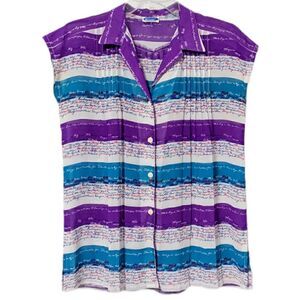 Vintage Chiffon Button Purple Multicolor Blue Purple Stripe Sleeveless O'Beta L